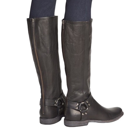 Frye Phillip Tall Black Leather Boots Back Zip Moto Equestrian Harness Sz 9.5 - Picture 2 of 16
